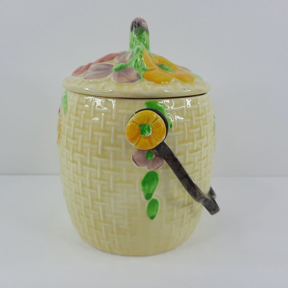 Vintage Wade Heath Biscuit Barrel Yellow Pink Floral Basketweave England Pottery - Picture 4 of 10